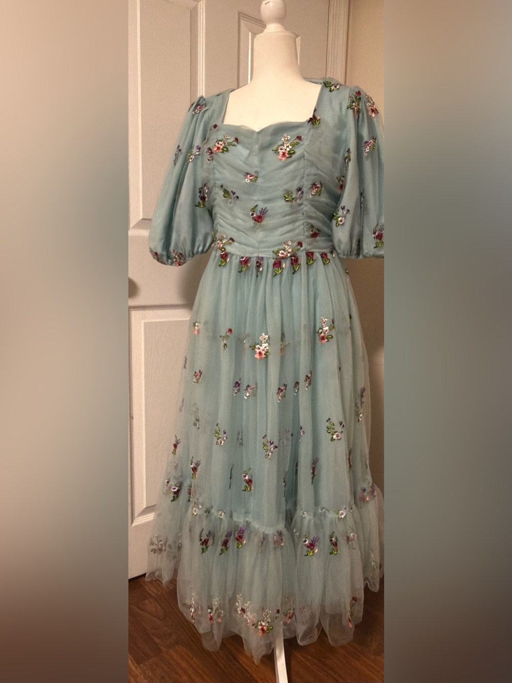 Garden fairy JessaKae Dusty Blue Floral Embroidered Tulle Midi Dress